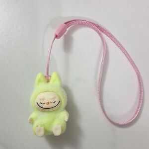 NEW MINI LABUBU LAFUFU FLOCKED CHARM KEYCHAIN  WITH STRAP, LIGHT GREEN